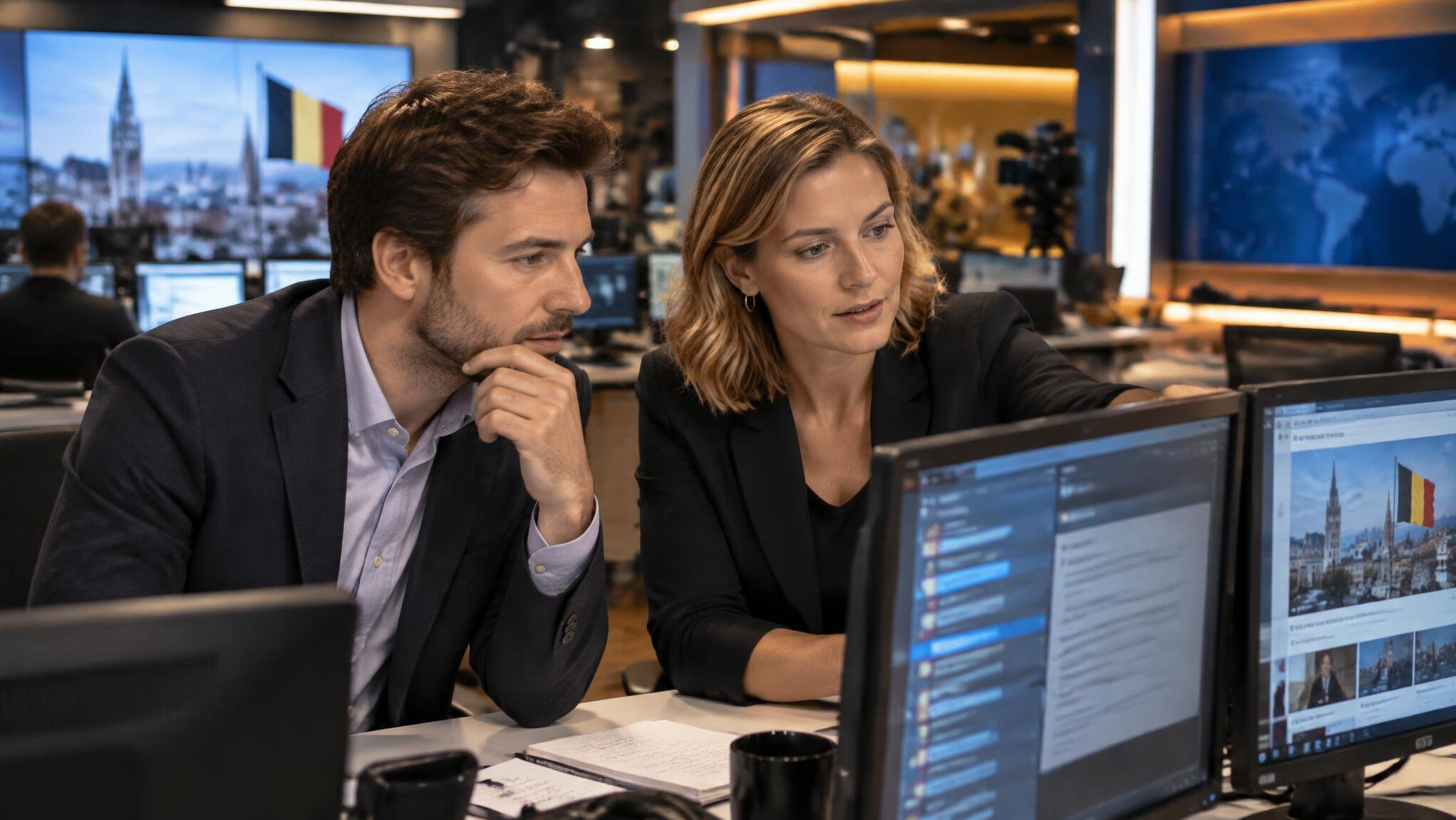 Journalists working together at a newsroom desk with monitors showing scripts