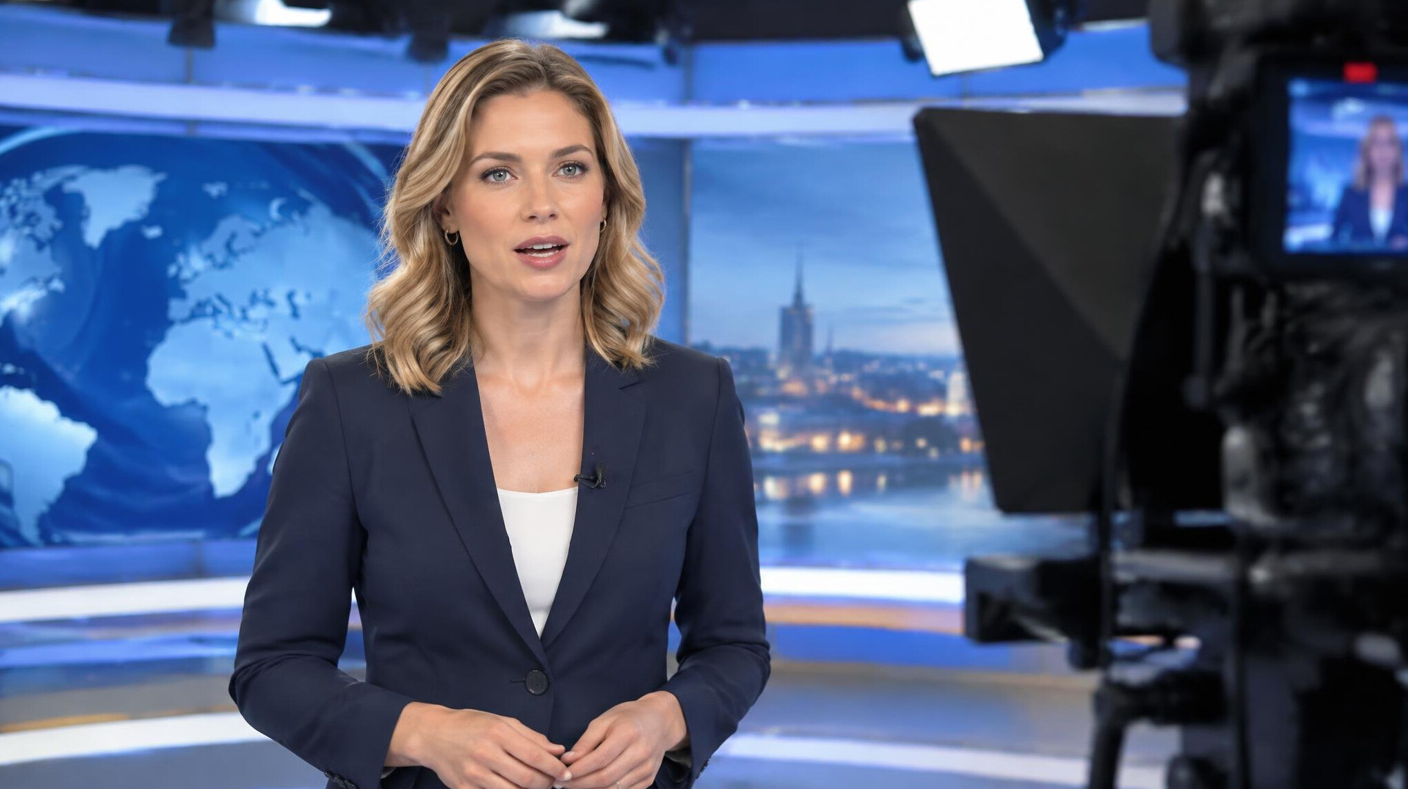 Presenter speaking in front of a studio camera under lights