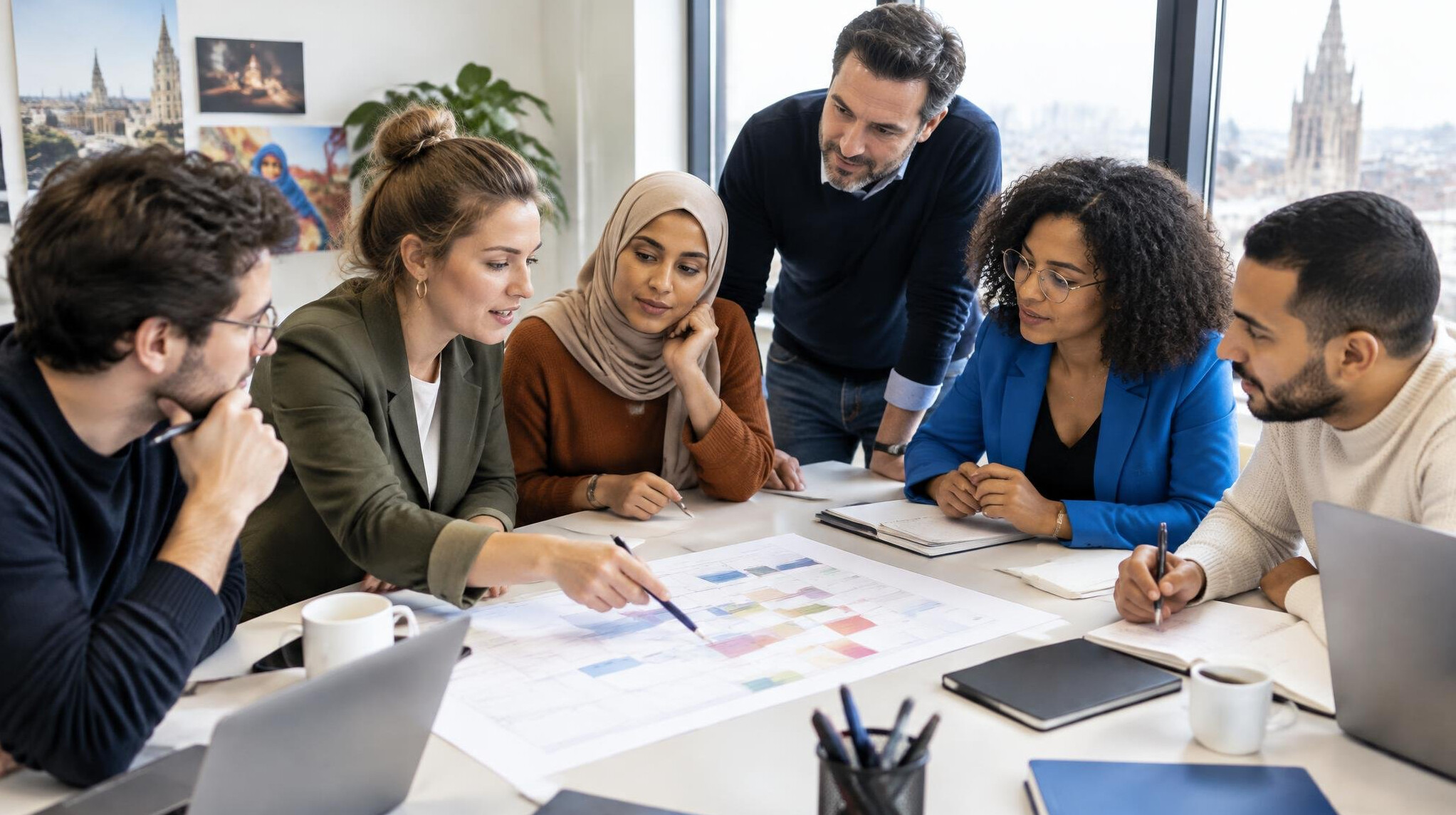 Editorial team meeting around a planning calendar