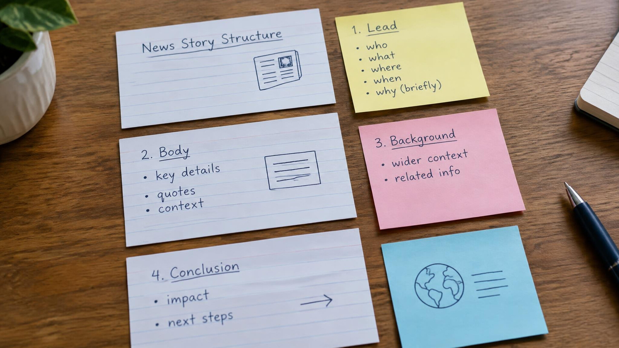 Index cards and notes arranged on a table for story structure