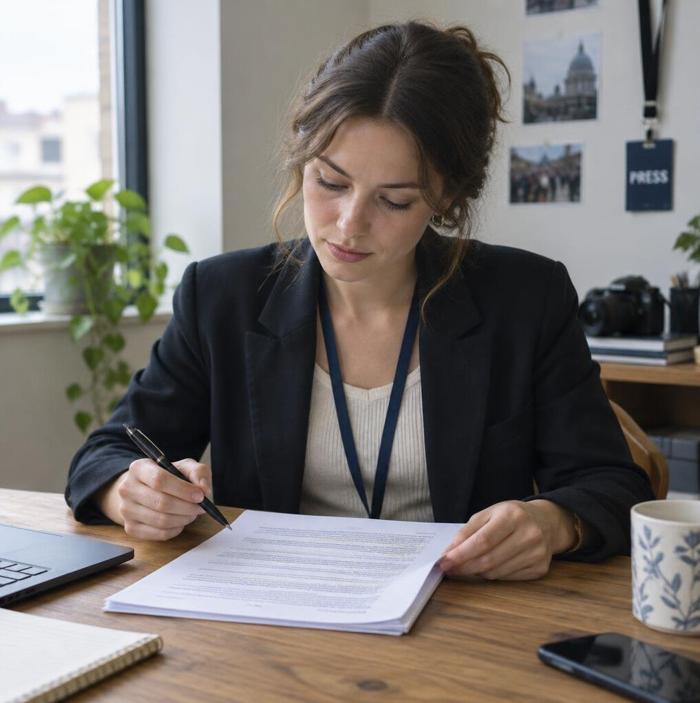 Journalist reviewing a printed script at a table