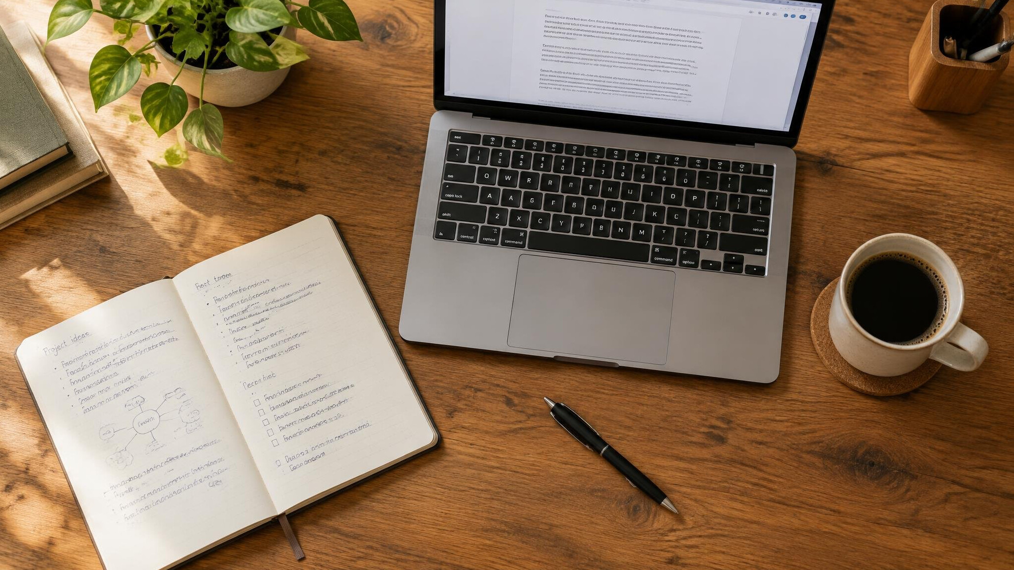 Overhead view of a desk with laptop, notebook and coffee