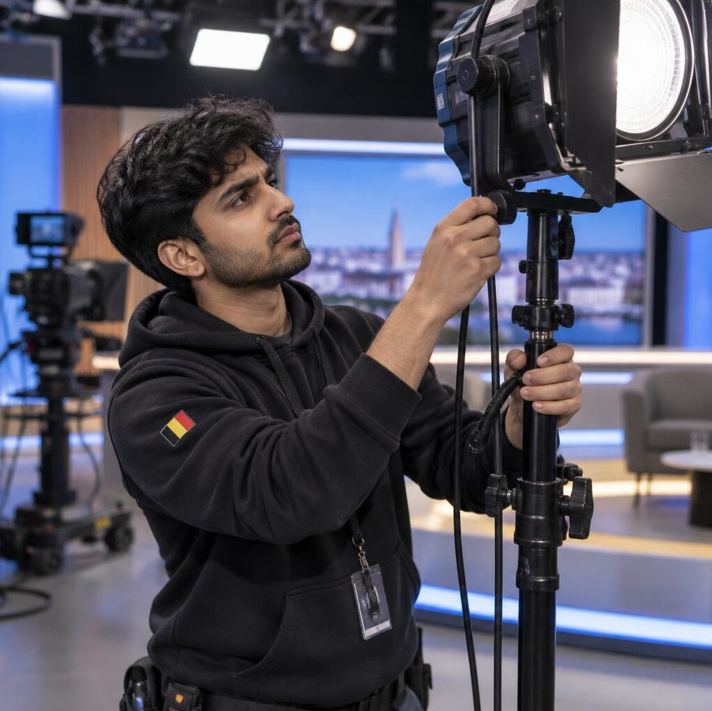 Production assistant adjusting studio lighting equipment