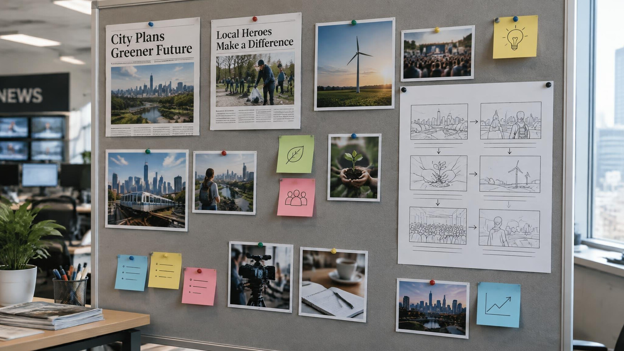 Editorial planning board with pinned headlines and storyboards