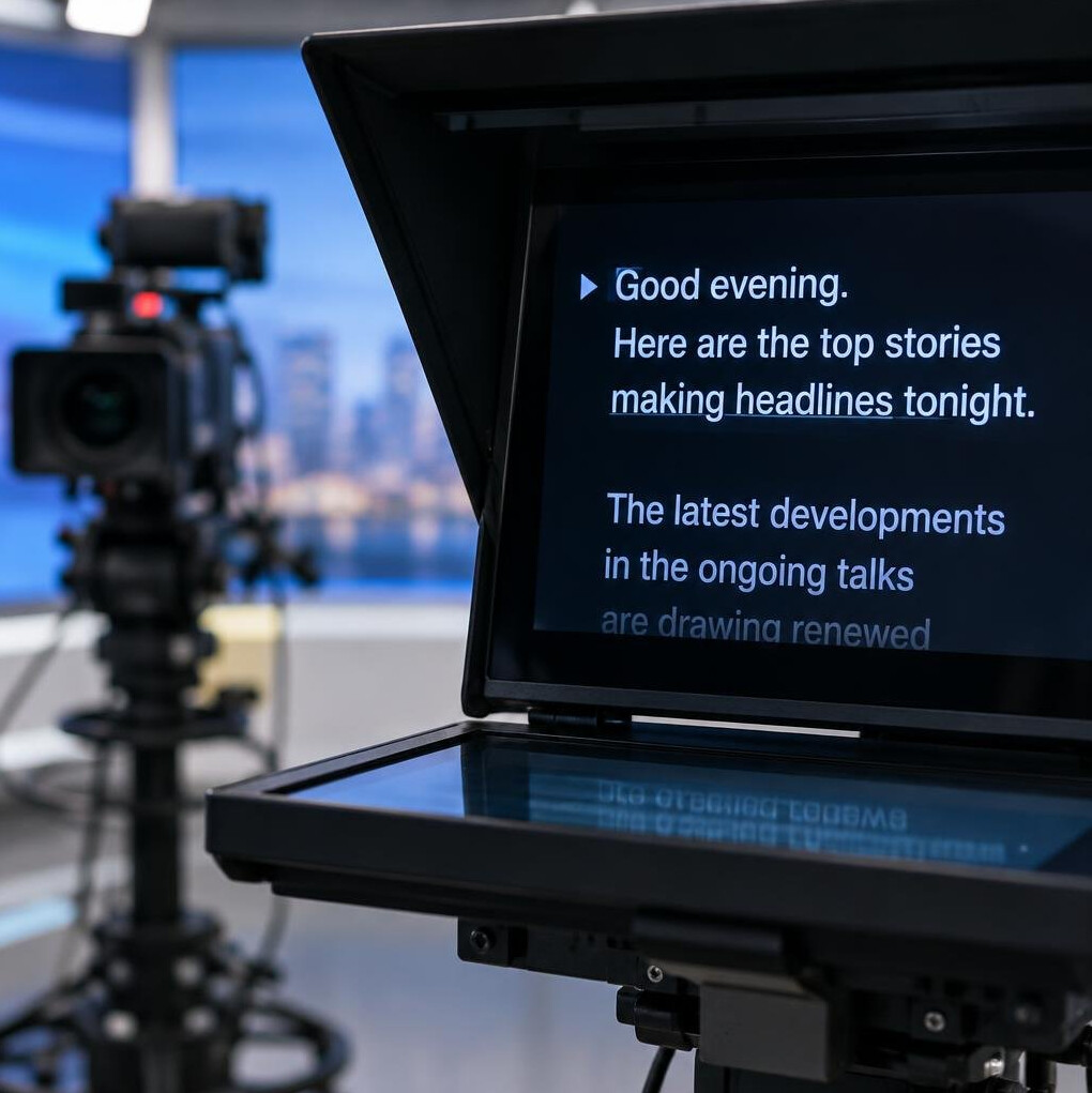 Teleprompter screen with scrolling news script