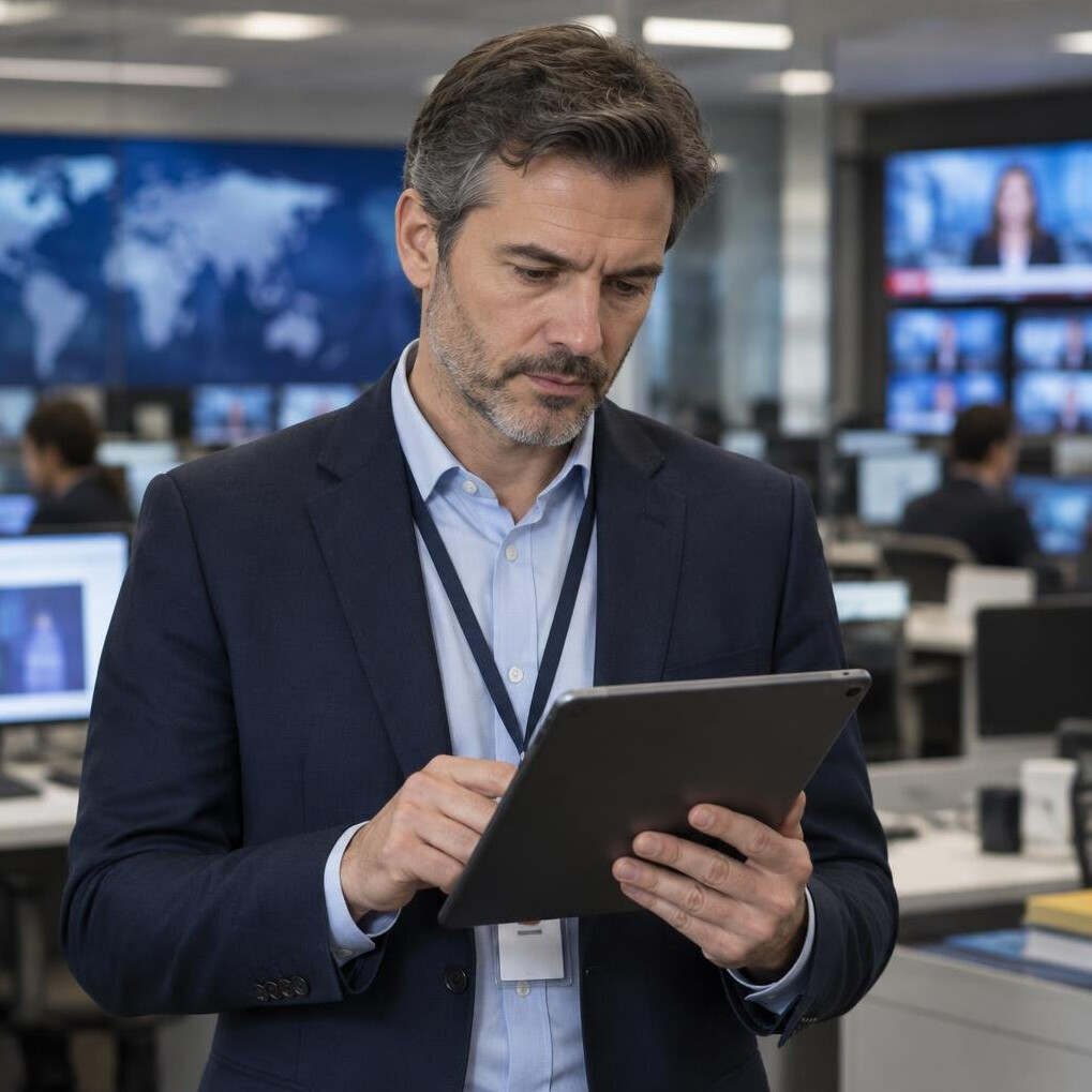 Reporter reading news headlines on a tablet