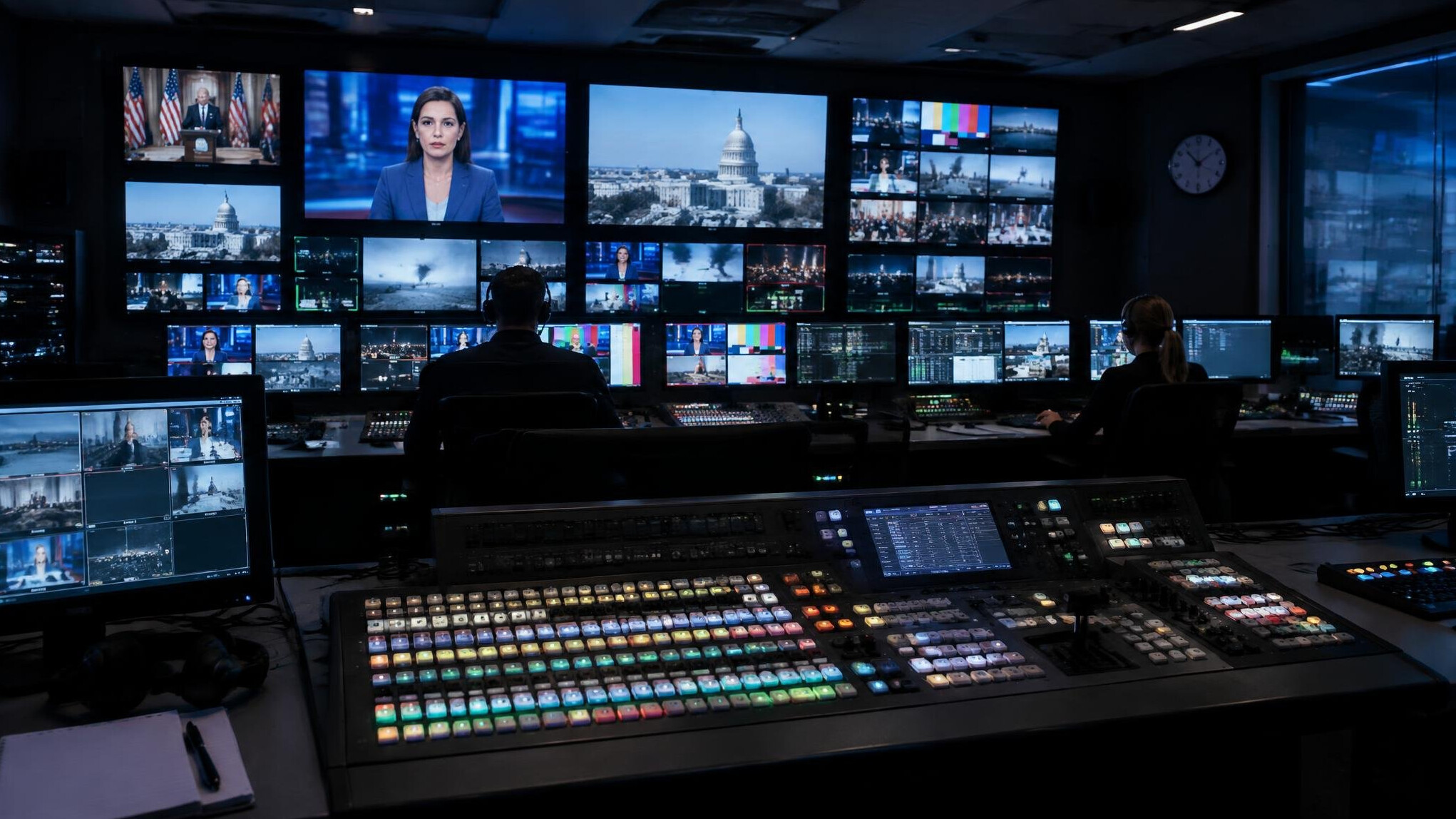 Control room with broadcast monitors and mixing desk