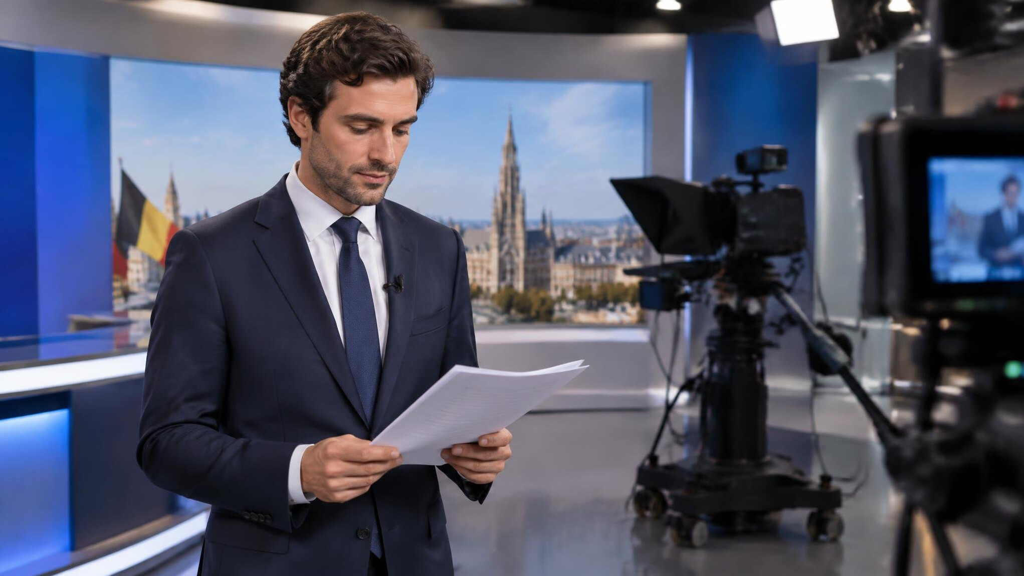 Journalist rehearsing a script in a studio
